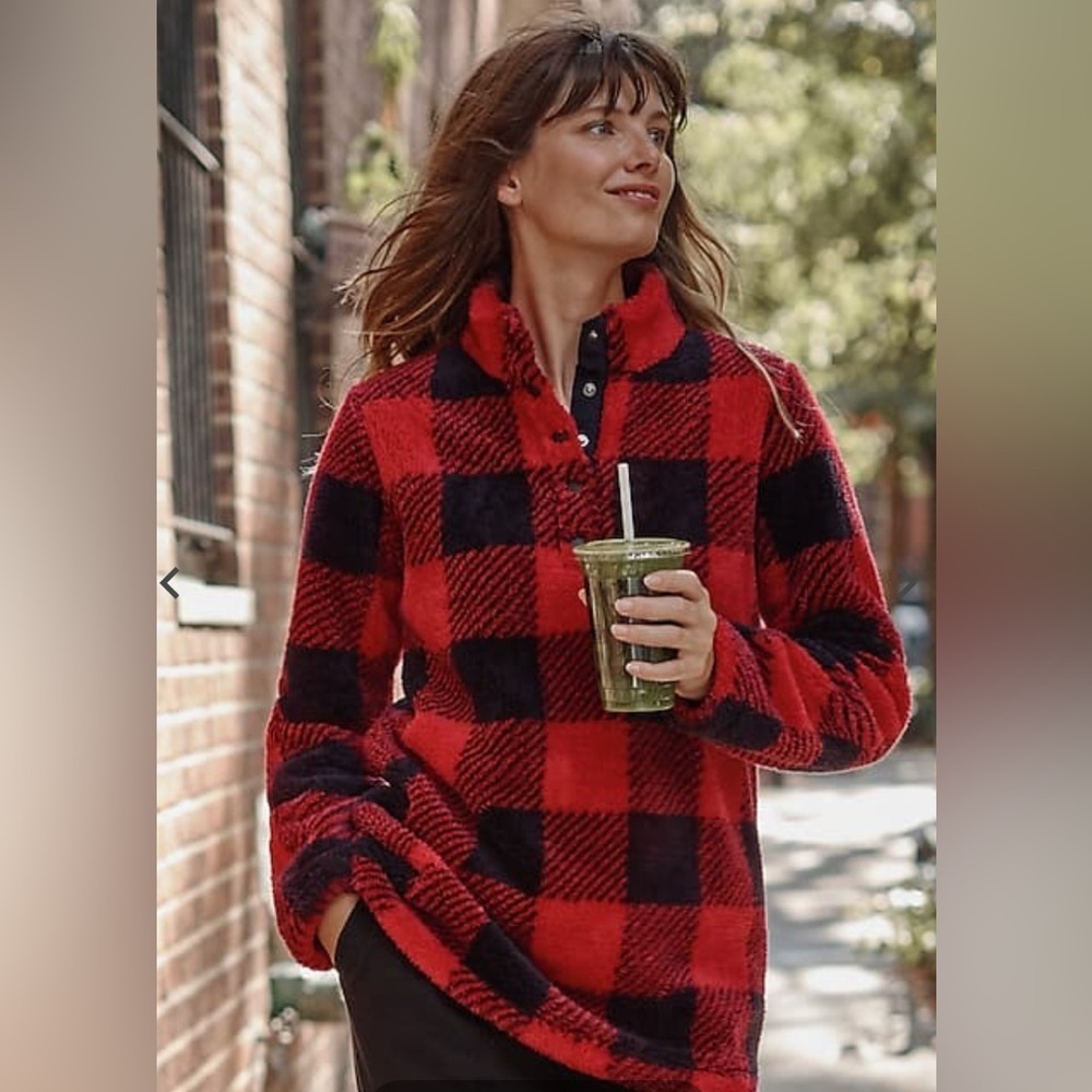 J. Jill Plush Sherpa Pullover | Buffalo Check Red & Black | Size Large